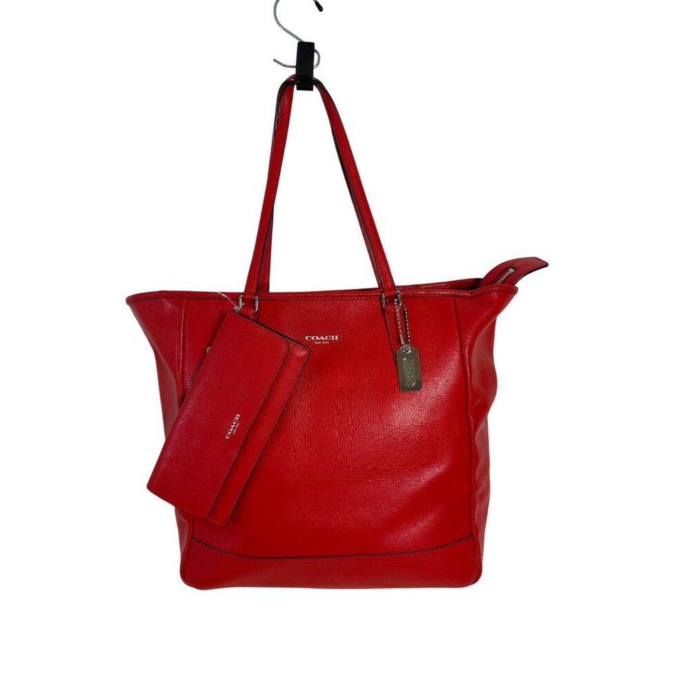 Coach Red Shoulder Tote Bag Top Zip Big Saffiano Leather + Red Wallet Set 23821